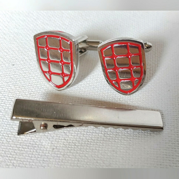 NEW 3pc. Cufflinks: "Crest-Shield" Stainless Steel/Enamel & Tie Bar. Bullet Back - Picture 3 of 6